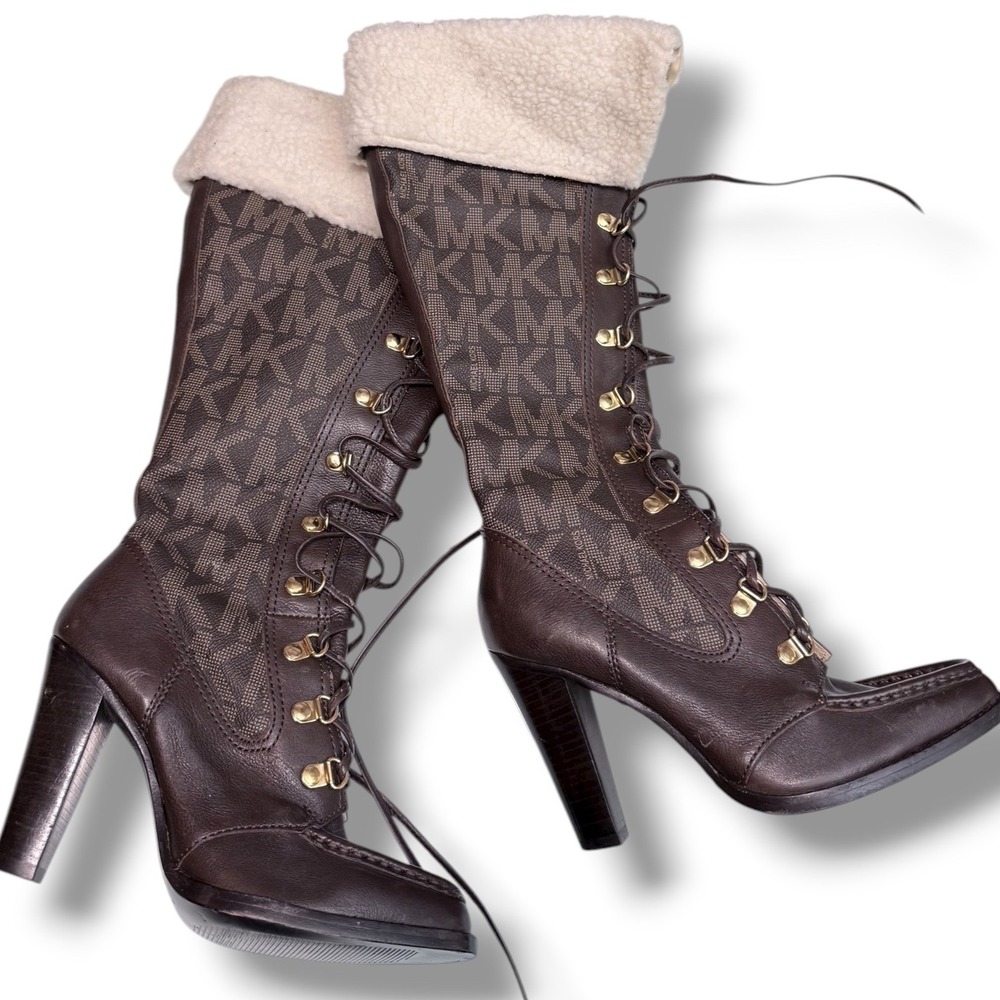 Michael Kors Brown Shearling-Trim Logo Lace-Up Heeled Boots